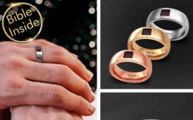 Christian Bible verse rings in silver, gold, and rose gold finishes by Nano Jewelry, featuring embedded Bible text chips and shown on a couple's hands, symbolizing faith-based commitment