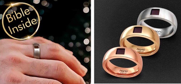Christian Bible verse rings in silver, gold, and rose gold finishes by Nano Jewelry, featuring embedded Bible text chips and shown on a couple's hands, symbolizing faith-based commitment