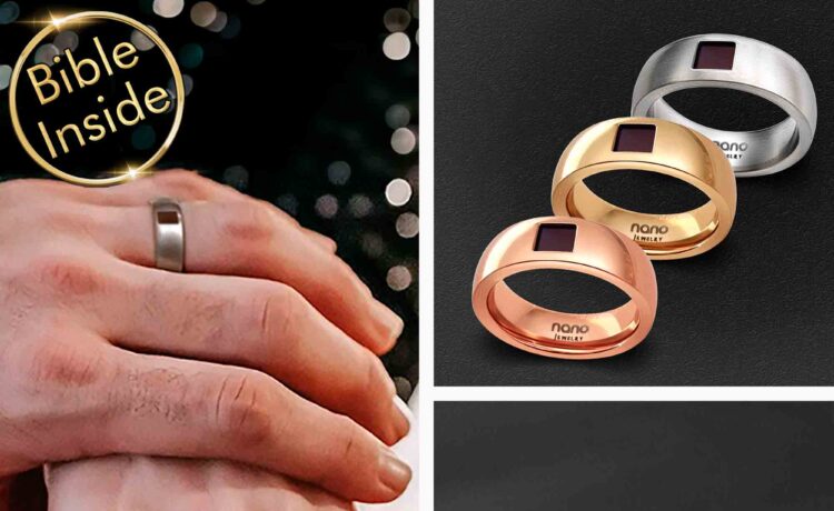 Christian Bible verse rings in silver, gold, and rose gold finishes by Nano Jewelry, featuring embedded Bible text chips and shown on a couple's hands, symbolizing faith-based commitment
